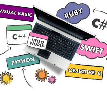 computer with different speech bubbles of programming languages