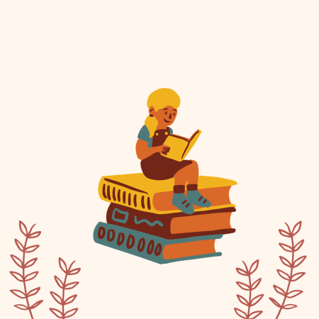 girl sitting on a stack of books