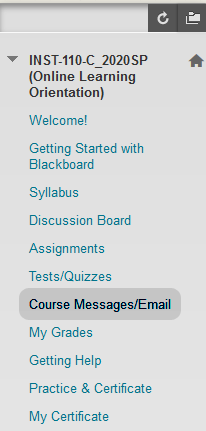 course menu item with the course messages/email link