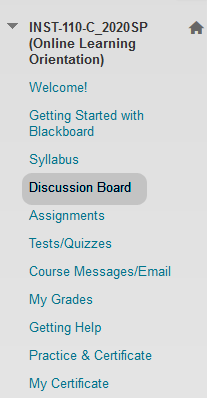 course menu item showing the link for the discussion board