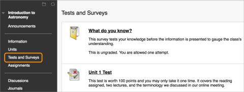 course menu item with the link for tests and surveys